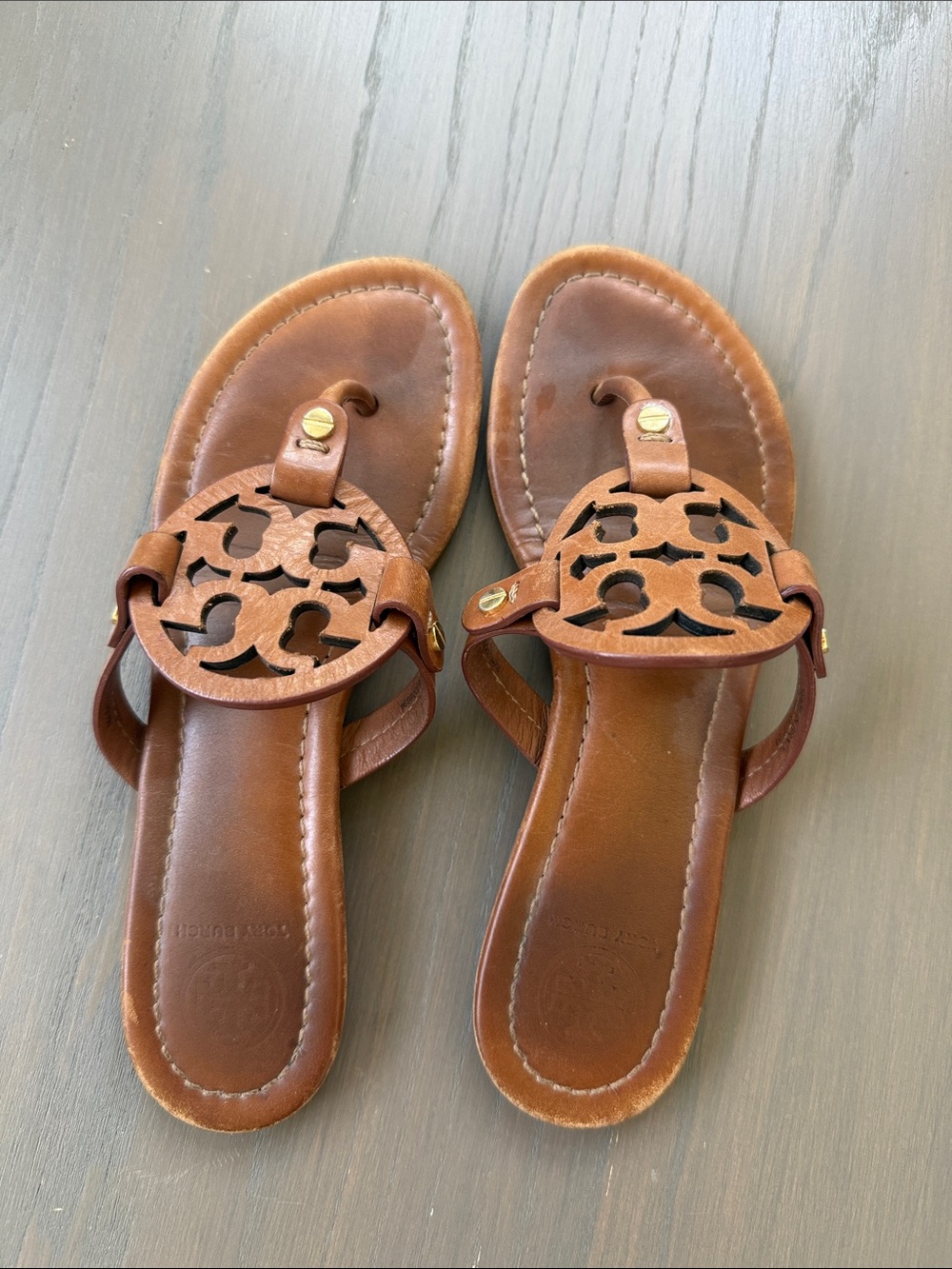 Tory Burch Brown Leather Cutout Medallion Thong Sandals